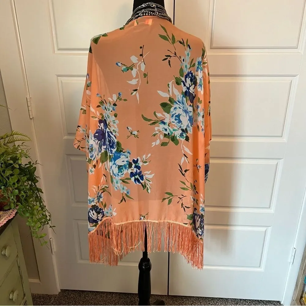 Soul Young Leopard & Floral Open Front Fringe Hem 2 Kimono Duster Blouses O/S - Picture 13 of 16